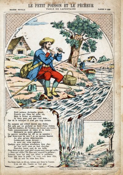 Le petit poisson et le pêcheur. Illustration anonyme pour Les Fables de Jean de La Fontaine (1621-1695). Imagerie de Pont-à-Mousson, vers 1880. Collection privée - Anonymous Anonymous