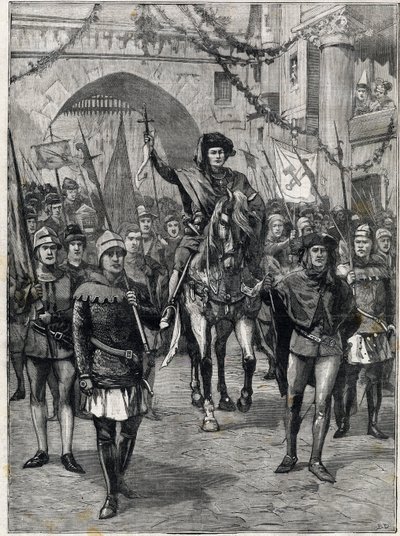 Le cortège des corporations au XIVe siècle : Le prévôt des marchands de Paris. Gravure dans « Le petit parisien » du 18/06/1899. Collection privée. - Anonymous Anonymous