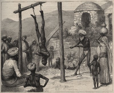 Le fakir en Inde - Les fakirs en Inde - il était suspendu par les pieds sur une barre en bois - gravure de 1892 dans « Journal des voyages » - Anonymous Anonymous