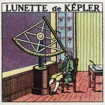Les premiers instruments optiques : lunette astronomique de Johannes Kepler (1571-1630) inventée vers 1615. Illustration anonyme de 1925. Collection privée. - Anonymous Anonymous