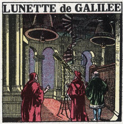Les premiers instruments optiques : lunette astronomique de Galilée (1564-1642) inventée en 1610. Illustration anonyme de 1925. Collection privée. - Anonymous Anonymous