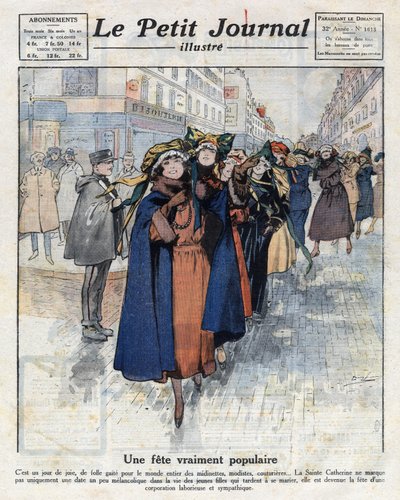Le voyage des catherinettes, jeunes filles célibataires portant des chapeaux traditionnels, dans les rues de Paris. Illustration tirée de « Le petit journal illustré » du 04/12/1921. Collection Privée - Anonymous Anonymous