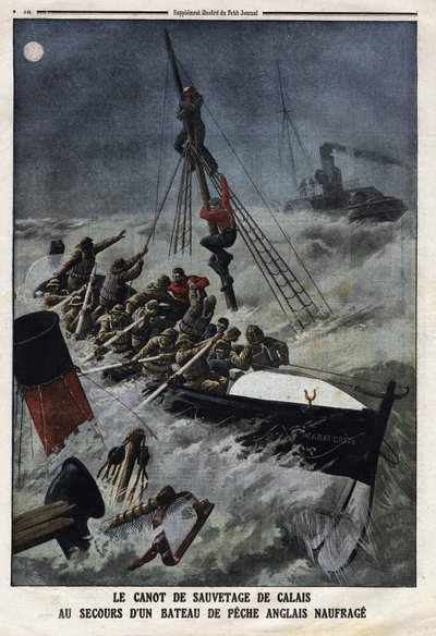 Le canot de sauvetage de Calais pour secourir un bateau de pêche anglais en train de couler. Gravure dans « Le Petit Journal » du 11/02/1912. Collection privée - Anonymous Anonymous