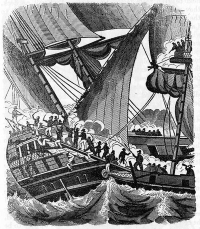 Le pirate gentleman Jean Lafitte (1780-1826) approche le navire Queen East de la Compagnie des Indes. Gravure de « Le livre du pirate » 1837. - Anonymous Anonymous
