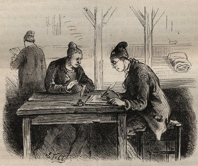 Le public écrivain au bagne de Toulon au XIXe siècle. Gravure dans « Histoire des bagnes depuis leur création à nos jours » (1877) par Pierre Zaccone. - Anonymous Anonymous