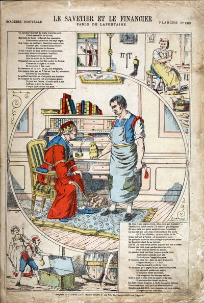 Le sauveur et le financier. Illustration anonyme pour Les Fables de Jean de La Fontaine (1621-1695). Imagerie de Pont-à-Mousson, vers 1880. Collection privée. - Anonymous Anonymous