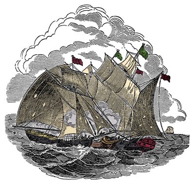 Le navire du pirate Henry Every attaqué en septembre 1695 par la flotte du grand Moghol Aurangzeb au large de Surate, Inde. Gravure de « Le Livre des Pirates » par Charles Ellms - Anonymous Anonymous