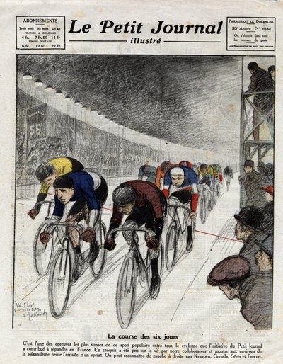 La course de six jours : Piet van Kempen (1898-1985), Alfred Grenda, Seres et Maurice Brocco (1883-1965) pendant le sprint. Gravure dans Le Petit Journal illustré, le 16/04/1922 - Anonymous Anonymous