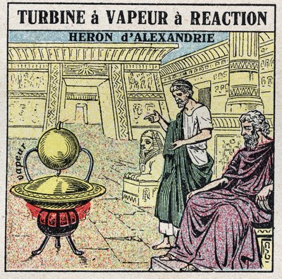 La machine à vapeur : une turbine à vapeur à réaction. Éolipyle inventée par le Grec Héron d