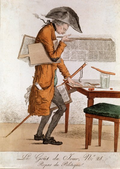 Le goût du jour : Caricature politique déjeuner sur le travail du journaliste (gravure fin 18e siècle début 19e siècle, collection privée) - Anonymous Anonymous