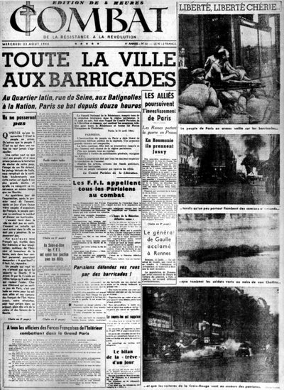 Toute la ville aux barricades: libération de Paris - dans « Combat » du 23/08/1944, coll. MDJ Bernard - Anonymous Anonymous