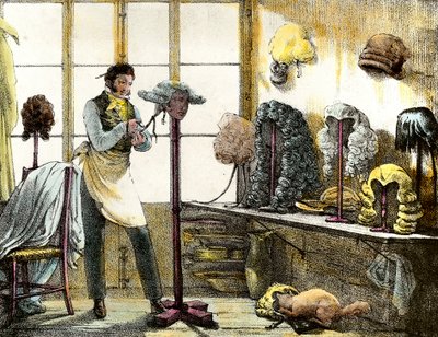 Le perruquier coiffant une perruque de catogan, coiffeur pour hommes. Gravure de Mirror shows, letters, meds, etc. The arts 1821-1823 Collection privée - Anonymous Anonymous