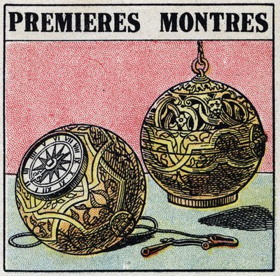 Temps : premières montres du 15ème siècle. Illustration anonyme de 1925. Collection privée. - Anonymous Anonymous