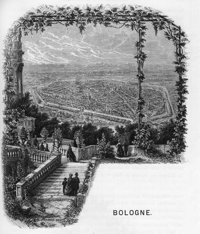 Vue de la ville de Bologne, Italie. Gravure de 1859 dans « Les galeries de l