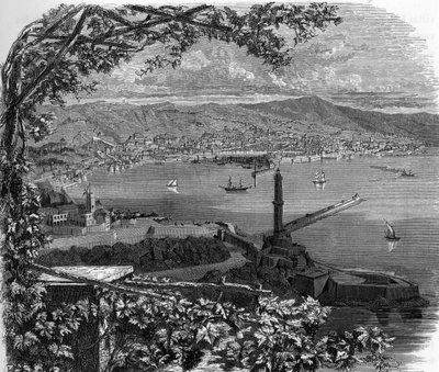 Vue de la ville de Gênes (Genova), Italie. Gravure de 1859 dans « Les galeries de l