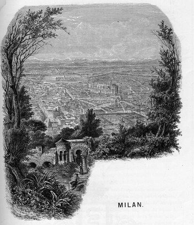 Vue de la ville de Milan (Milano), Italie. Gravure de 1859 dans « Les galeries de l