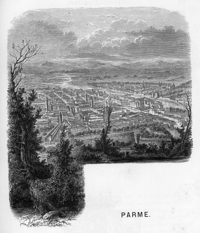 Vue de la ville de Parme, Italie. Gravure de 1859 dans « Les galeries de l