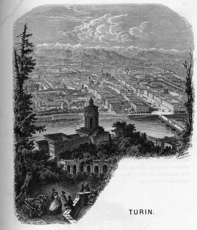 Vue de la ville de Turin (Torino), Italie. Gravure de 1859 dans « les galeries d