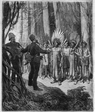 Voyage de Henri Coudreau (1859-1899), professeur de géographie et explorateur en territoire indien de Guyane - il a reçu des chefs Roucouyan - gravure de « Journal des voyages » de 1889 - Anonymous Anonymous