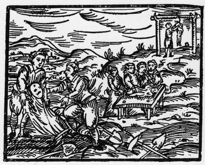 Sorcières dissuadant les morts dans un cimetière - "Compendium Maleficarum", traite des sorcières, de leurs maux et de leurs sortilèges par Francesco Maria Guazzo ou Guaccio ou Guaccius (15?? -16??) 1608 Collection Privée - Anonymous Anonymous
