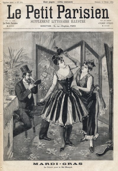 Femmes préparant leur déguisement derrière un paravent et homme essayant son masque en forme de trompe d