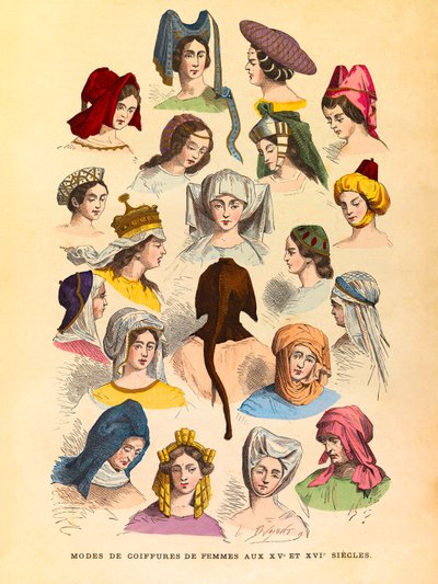 Coiffures féminines aux XVe et XVIe siècles (gravure) - Anonymous Anonymous