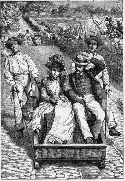 carros de cesto à Madère 1893 - Les corinhos (carrieros) à Madère - hommes guidant un siège à deux places sur roulette (un corinho). gravure dans Journal des voyages 1893 - Anonymous Anonymous