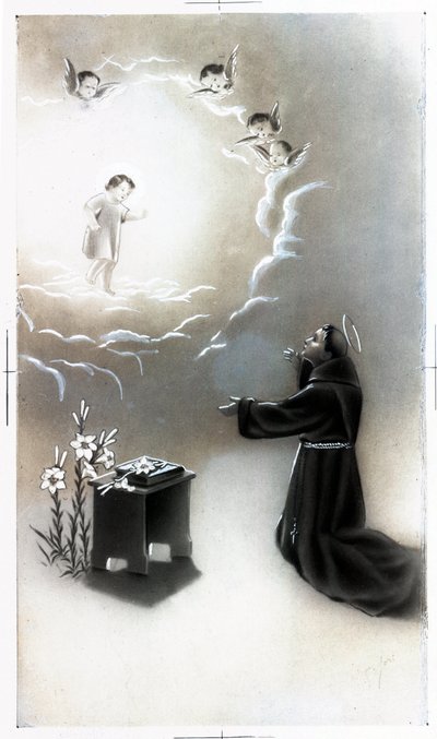 Image pieuse : représentation de Saint Antoine de Padoue (Antonio di Padova) connu sous le nom de Thaumaturge (1195-1231). Carte de Collection privée - Anonymous Anonymous