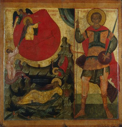 Le prophète Élie et le char de feu. Saint Démétrius de Thessalonique, milieu du XVIe siècle - Anonymous Russian icon painter