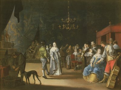 Le banquet, un couple dansant avec des festins et des réjouissances en arrière-plan - Anthonie Palamedesz