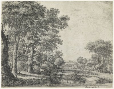 Lisière de forêt avec un pont en bois - Anthonie Waterloo