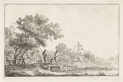 Drie vissers op een brug (Landschappen met bebouwing) - Anthonie Waterloo