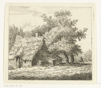 Ferme avec femme à la porte et homme avec brouette sur un chemin - Anthonie van den Bos
