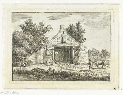 Homme avec une vache devant une grange près de Hattem - Anthonie van den Bos