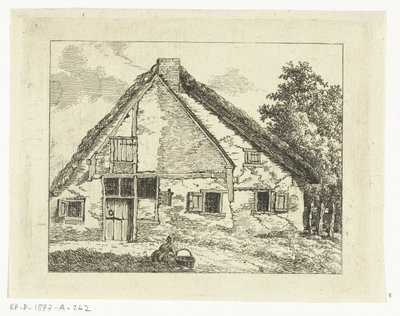 Femme avec un panier assise devant une maison - Anthonie van den Bos