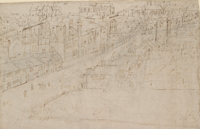 Panorama de Londres vu de Southwark : Borough High Street avec St Mary Overy - Anthonis van den Wyngaerde