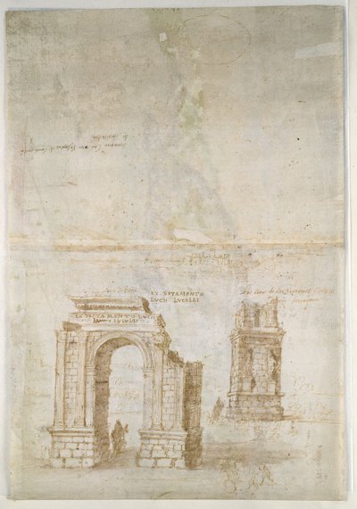 Recto : Vue panoramique de Tarragone depuis le sud (vers la mer) Verso : Croquis de ruines romaines à Tarragone et d