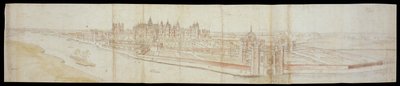 Vue du palais de Hampton Court depuis le sud, avec la rivière au premier plan, 1558 - Anthonis van den Wyngaerde
