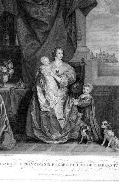 Reine Henriette Marie (1609-69) épouse de Charles Ier avec deux de leurs enfants, gravé par Henry Bonnefoy - Anthony van (after) Dyck