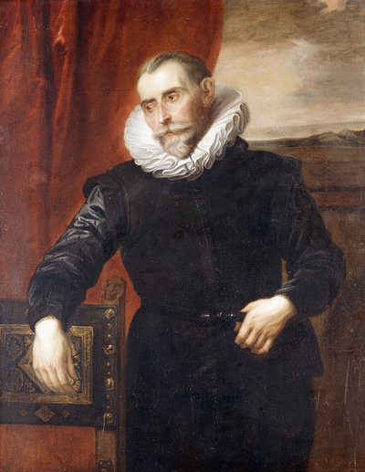 Portrait de Frans Snyders, mi-longueur, en costume noir, appuyé sur une chaise, un paysage au-delà - Anthony van Dyck