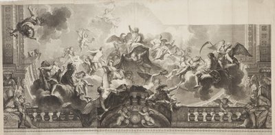 Design du panneau central du plafond de la Grande Galerie du Palais Royal, gravé par Nicolas Henri Tardieu (1674-1749) - Antoine (after) Coypel