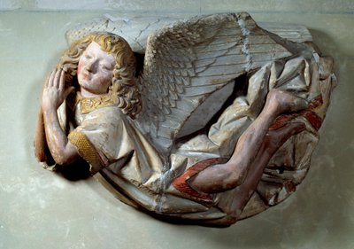 Ange volant Relief en calcaire polychrome attribué à Antoine le Moiturier (1425-1495) et destiné à « La Mise au tombeau offerte par Jaquotin Ogier et sa femme Pernette ». Chapelles des Carmes à Semur-en-Auxois. Vers 1490 - Antoine (attr. to) Le Moiturier