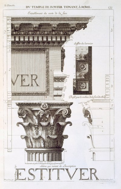 Entablement, chapiteau et inscription du Temple de Jupiter Tonans (Le Tonnerre), de 