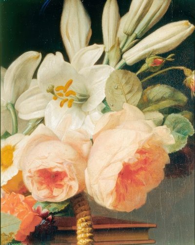 Bouquet de lys et de roses dans un panier sur une chiffonnière (détail) - Antoine Berjon