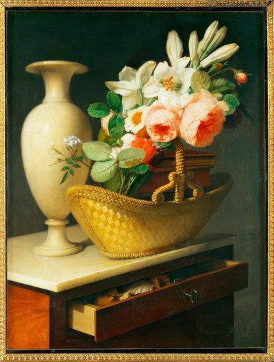 Bouquet de lys et de roses dans un panier sur une chiffonnière - Antoine Berjon