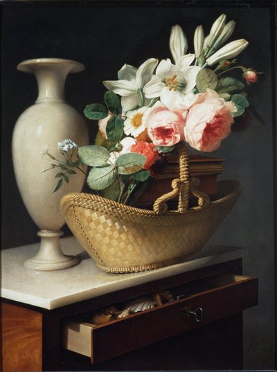Bouquet de lys et de roses dans un panier posé sur un chiffon - Antoine Berjon