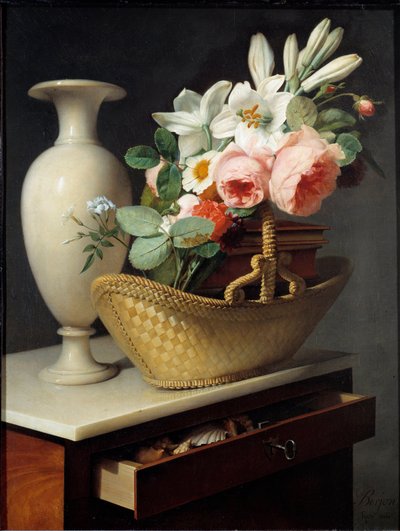 Bouquet de lys et de roses dans un panier posé sur un chiffon Peinture d