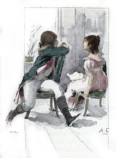Portrait de Napoléon Bonaparte (1769-1821) avec sa fiancée Désirée Clary (1777-1860) c. avril 1795 (Portrait de Désirée Clary au moment de ses fiançailles avec Napoléon Bonaparte, avril 1795) Dessin par Antoine Calbet tiré de « Napoléon et les femmes » - Antoine Calbet