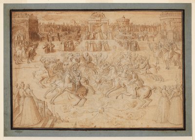 Un jeu équestre avec des cavaliers jouteurs parmi des feux d