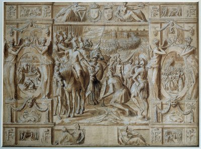 La soumission de Milan. Les troupes de François Ier prennent la ville de Milan après la victoire à la bataille de Marignan en 1515. Dessin à la plume et lavis par Antoine Caron (1521-1599) XVIe siècle Paris, Musée du Louvre - Antoine Caron